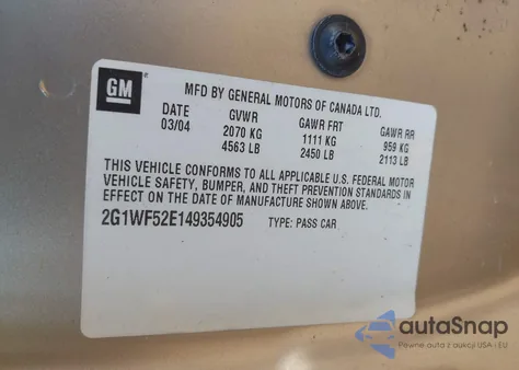 2004 Chevrolet Impala z USA, uszkodzony, nr VIN 2G1WF52E149354905